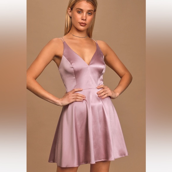 Lulu’s mauve pink backless strappy satin skater dress - Picture 1 of 6